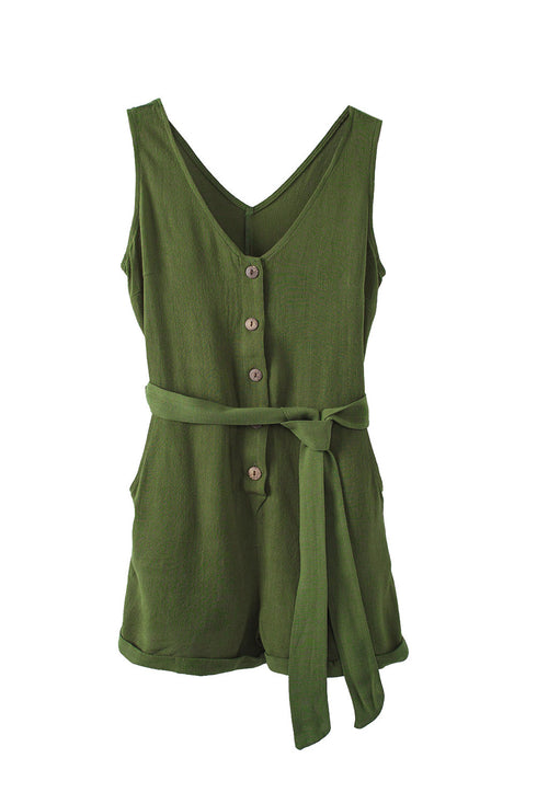 Button V Neck Romper With Belt